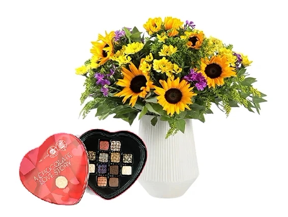 זר חמניות בשילוב פרליני שוקולד אהבה