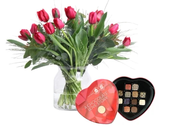 זר טוליפים 'מונקו' בינוני ופרליני שוקולד לב