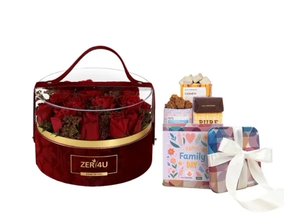 מארז ורדים בקופסה עגולה, בשילוב מארז שוקולד מבית מקס ברנר