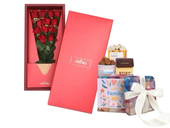 ורדים אדומים בקופסא בשילוב מארז שוקולד מבית מקס ברנר