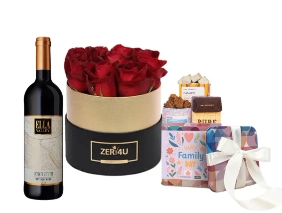 ורדים אדומים בשילוב בקבוק יין אדום ומארז שוקולד