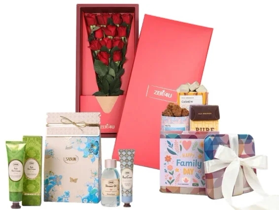 ורדים אדומים בקופסא בשילוב מארז שוקולד מבית מקס ברנר ומארז סבון לאישה