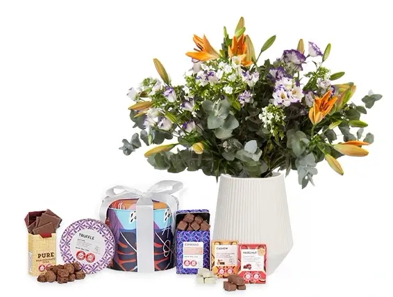 זרי בגווני שקיעה ו מארז שוקולד מבית מקס ברנר 330 גרם