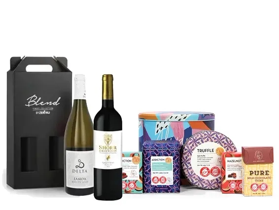 מארז שוקולד 'חושי הקקאו' ומארז יין שור אדום ולמדא בלנד לבן