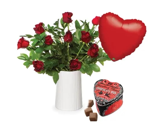 זר ורדים באהבה L ופחית שוקולד לב