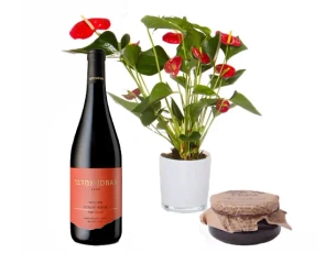 עציץ אנוטוריום בשילוב חרוסת ובקבוק יין אדום