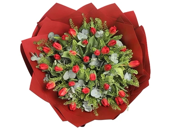 זר פרחי טוליפים שופע באדום