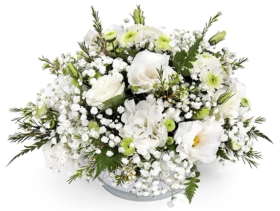 סידור פרחים 'שיה' בגווני לבן בכלי זכוכית לבן