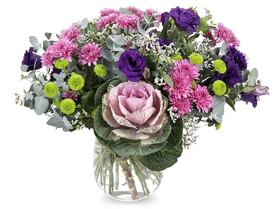 זר פרחים 'מון' בגווני סגול, ורוד וירוק