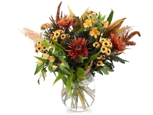 זר פרחים 'אודם' בגווני אדום, צהוב וחום