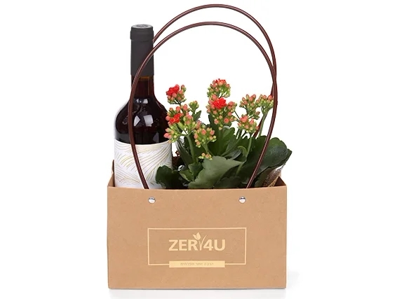 מארז שי לפסח המכיל בקבוק יין אדום, ועציץ ניצנית