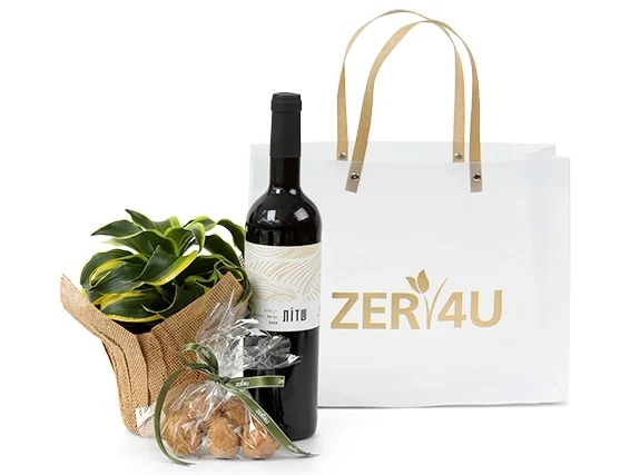 מארז שי לפסח המכיל בקבוק יין אדום, עציץ דרצנה ואגוזי מלך