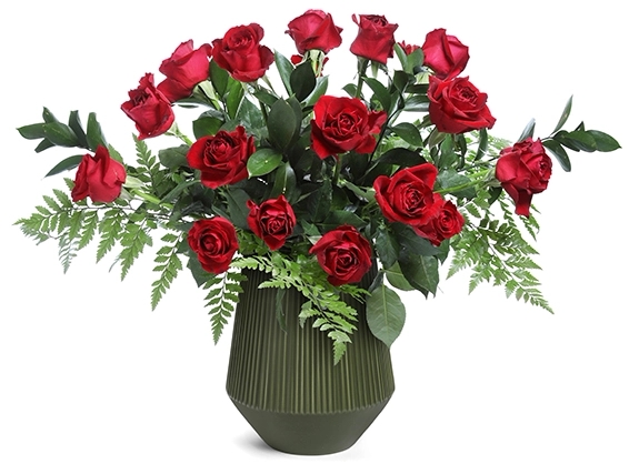 זר ורדים אדומים LOVELY RED באגרטל קרמיקה ירוק