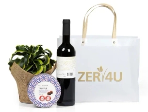 מארז מתנה הכולל יין אדום, עציץ ושוקולד