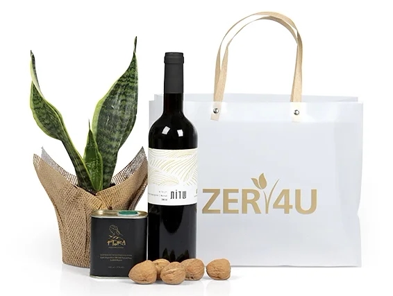 מארז שי לפסח המכיל בקבוק יין אדום, עציץ, שמן זית ואגוזי מלך