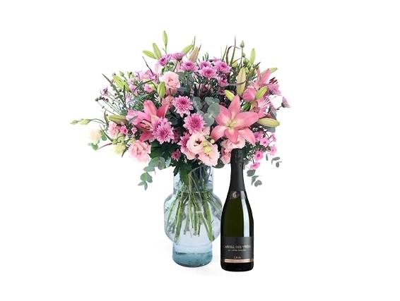 זר פרחים 'מחולות בורוד' בשילוב בקבוק קאווה