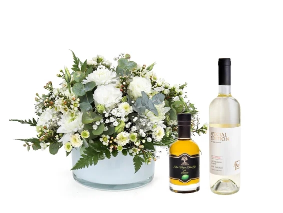 סידור פרחים 'דיה' בגווני לבן בשילוב יין סוביניון בלאן אדיר ושמן זית