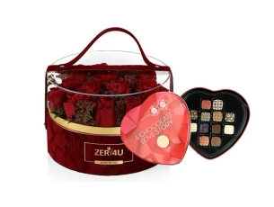 סידור ורדים אדומים בקופסא, בשילוב פרליני שוקולד אהבה