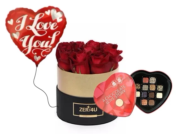 סידור ורדים אדומים בקופסא, בשילוב פרליני אהבה ובלון הליום