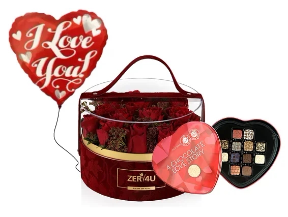 סידור ורדים אדומים בשילוב פרליני אהבה ובלון