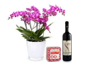 פרחי סחלב בכלי זכוכית בשילוב יין תובל שטרן ושוקולד ציקאו מקס ברנר
